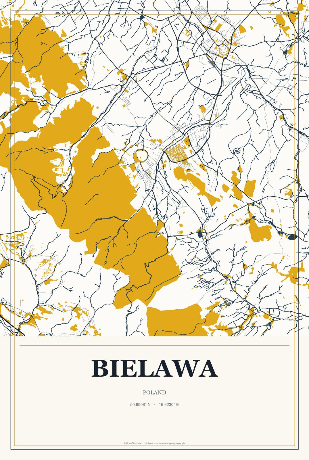Bielawa, Poland City Map Aluminum Sign in Citrine Modern style