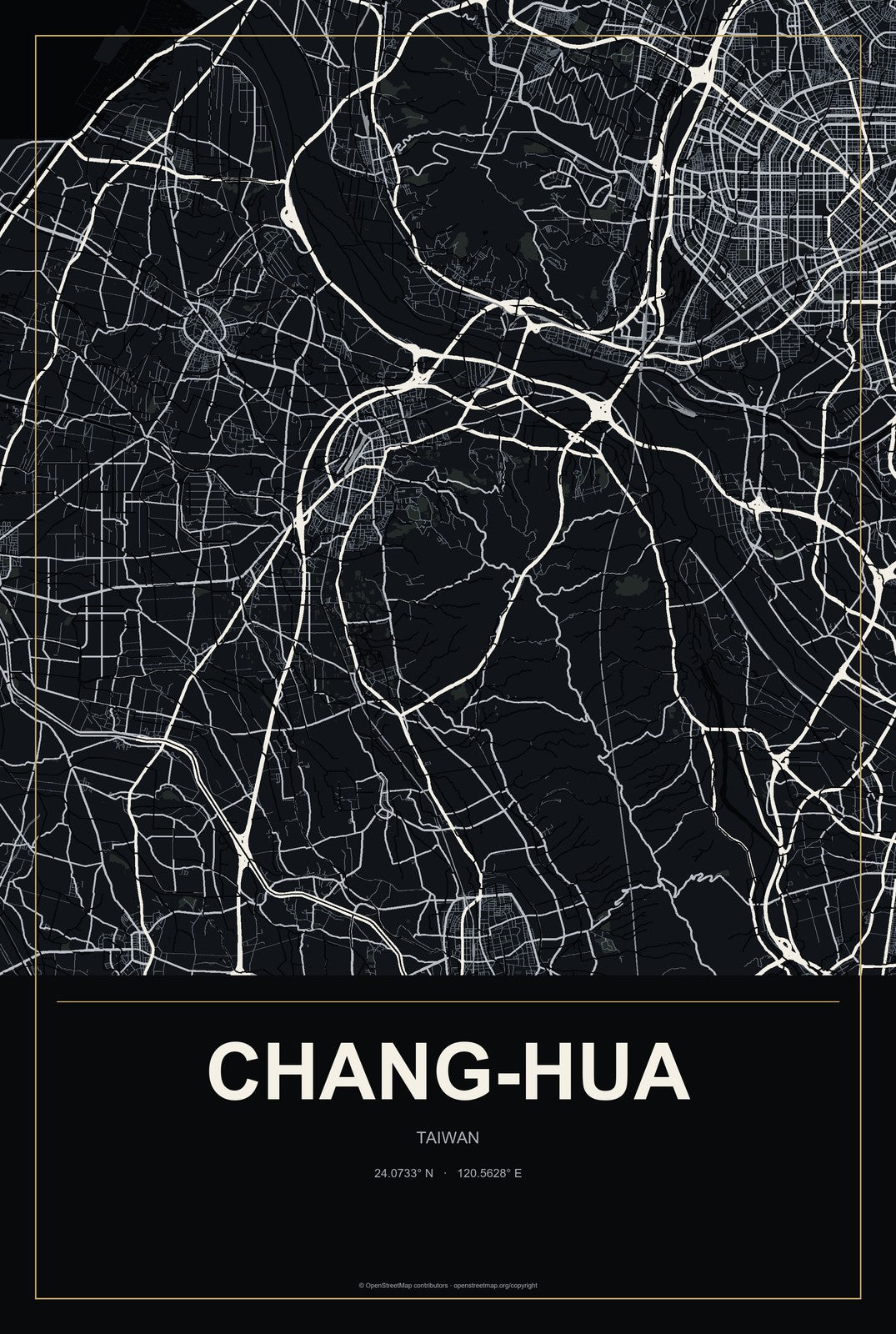 Chang-hua, Taiwan City Map Aluminum Sign in Metropolitan Noir style