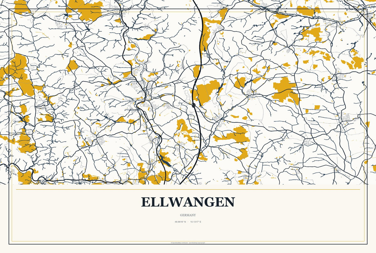 Ellwangen, Germany City Map Aluminum Sign in Citrine Modern style