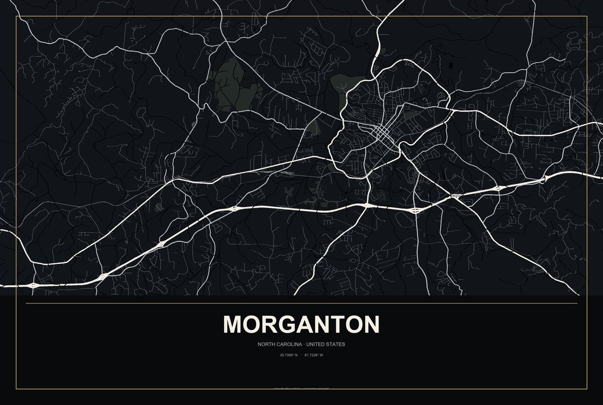 Morganton, North Carolina City Map Aluminum Sign in Metropolitan Noir style