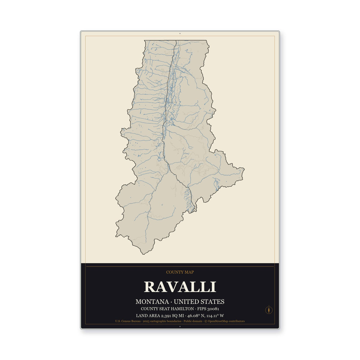 Ravalli County, Montana Map Aluminum Sign in Museum Plaque style