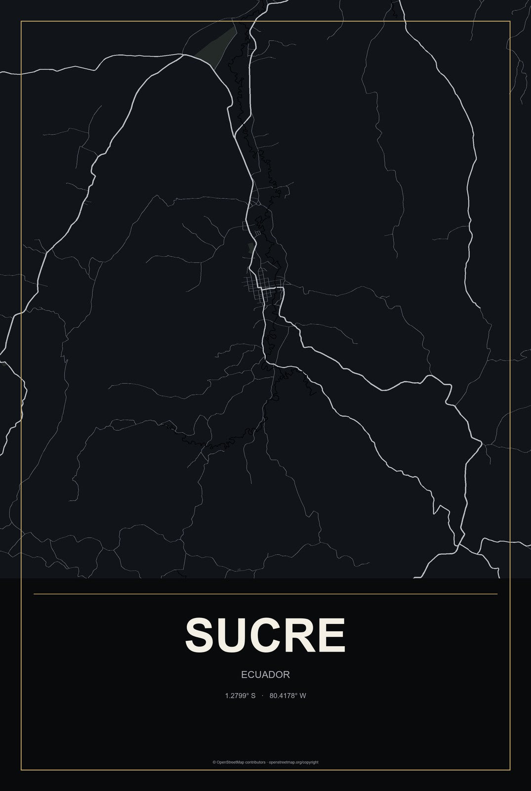 Sucre, Ecuador City Map Aluminum Sign in Metropolitan Noir style