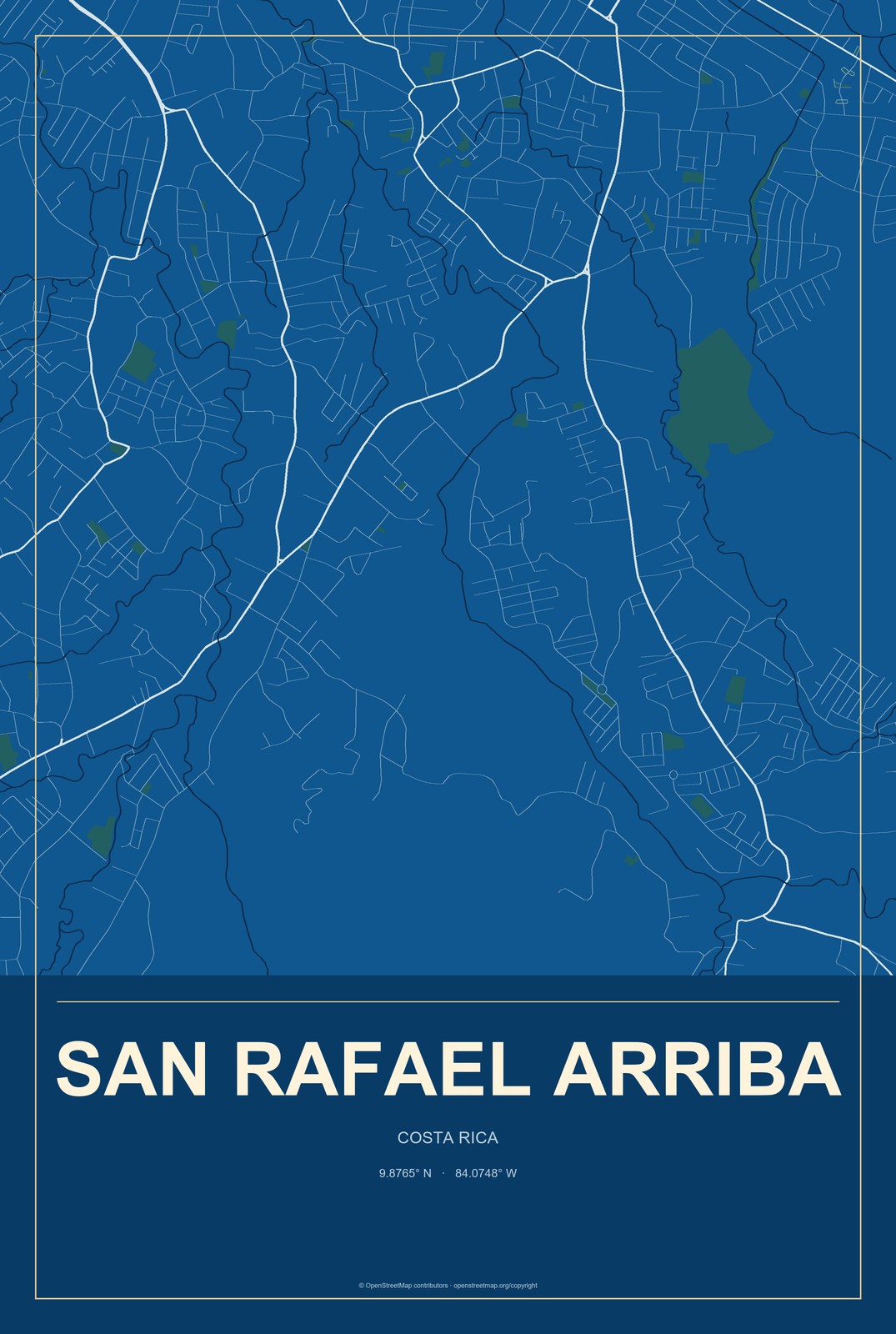 San Rafael Arriba, Costa Rica City Map Aluminum Sign in Harbor Cobalt style