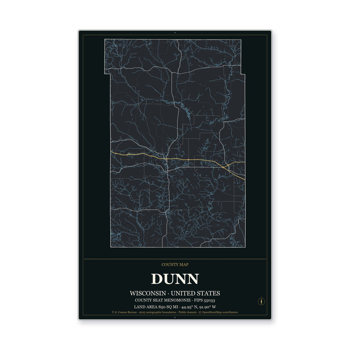 Dunn County, Wisconsin Map Aluminum Sign in Metropolitan Noir style