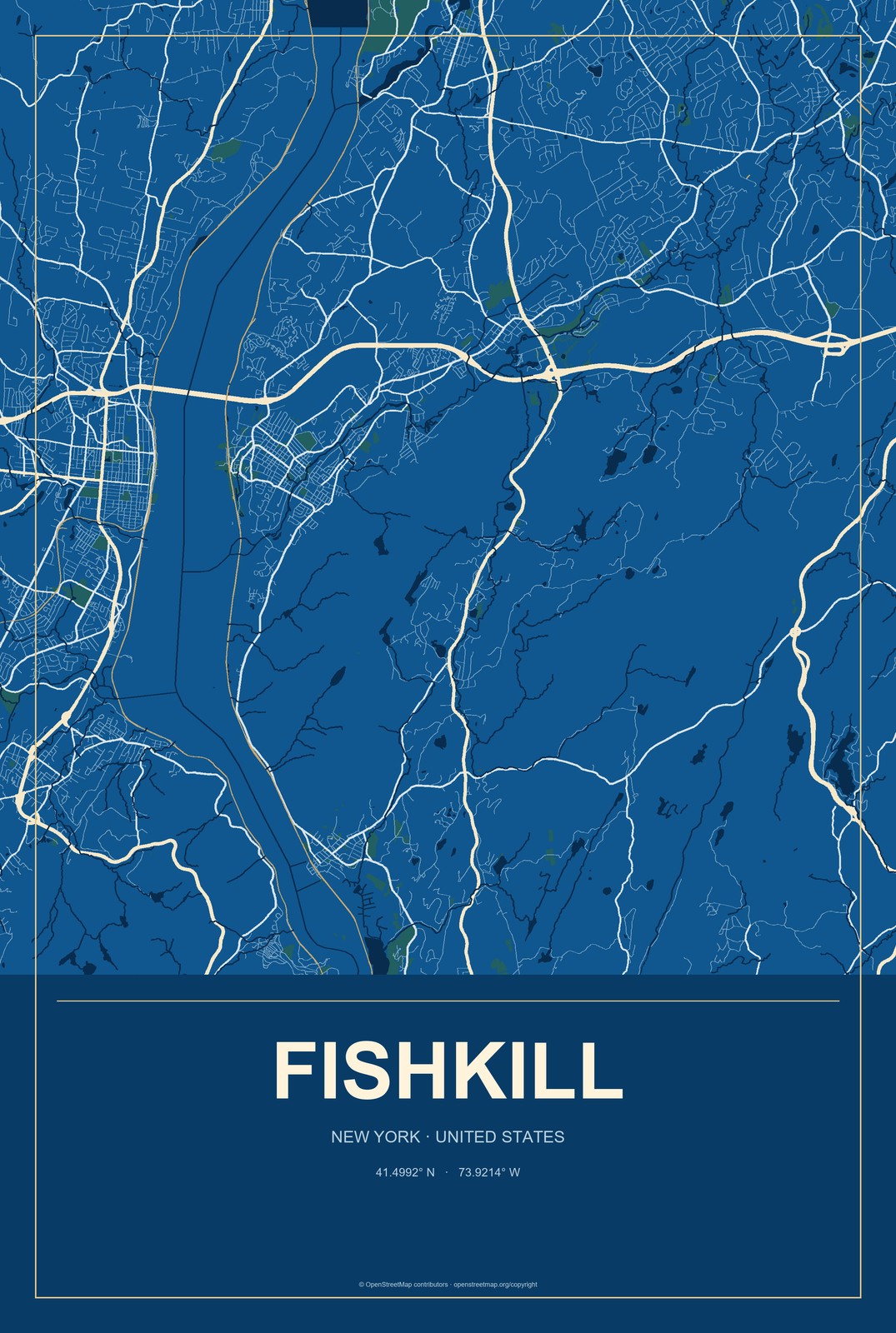 Fishkill, New York City Map Aluminum Sign in Harbor Cobalt style