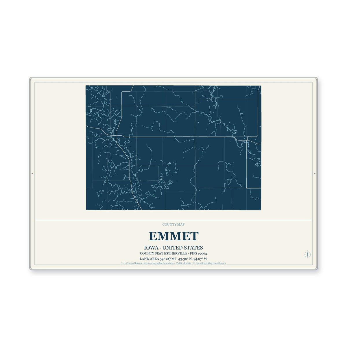 Emmet County, Iowa Map Aluminum Sign in Coastal Cutout style
