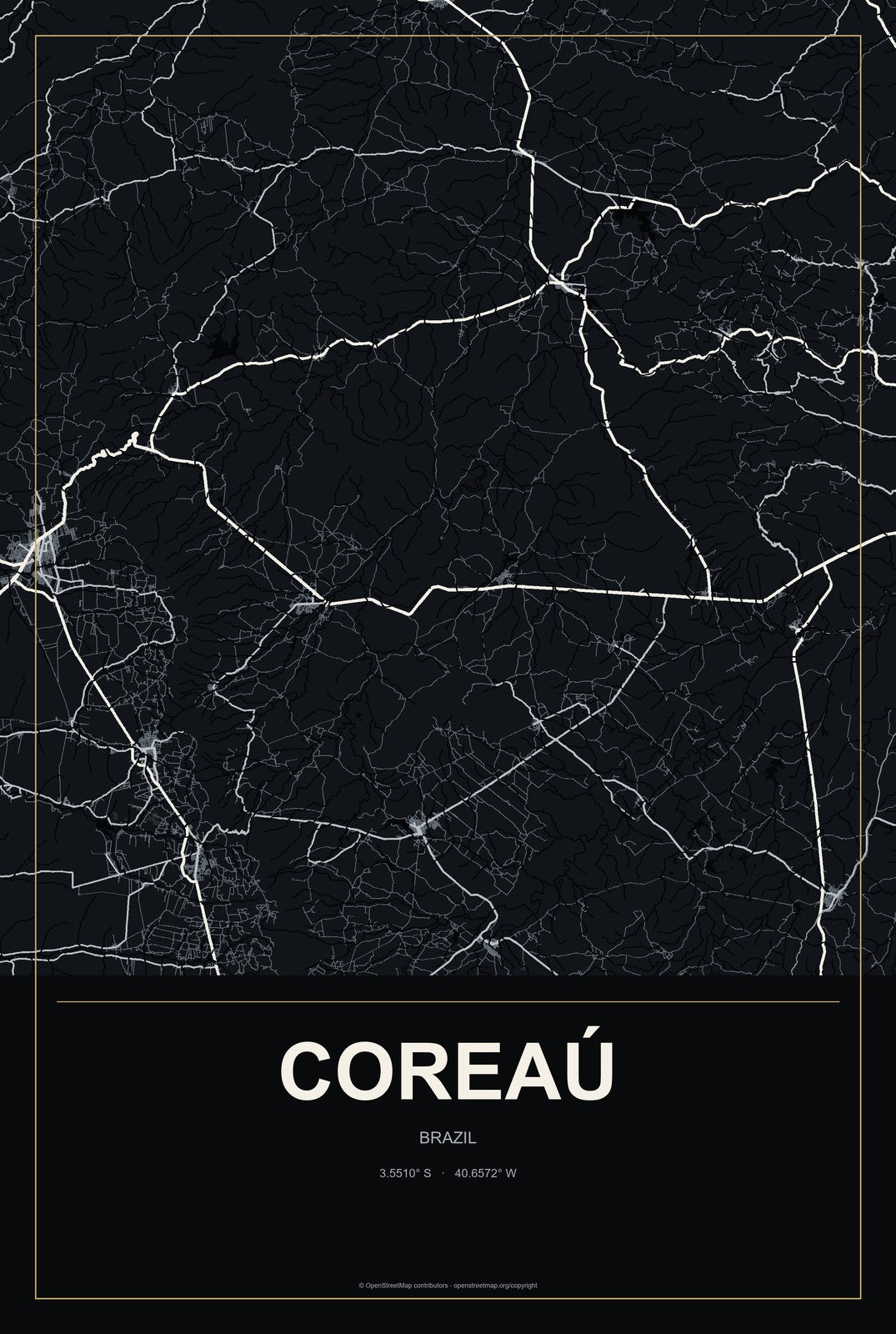 Coreaú, Brazil City Map Aluminum Sign in Metropolitan Noir style