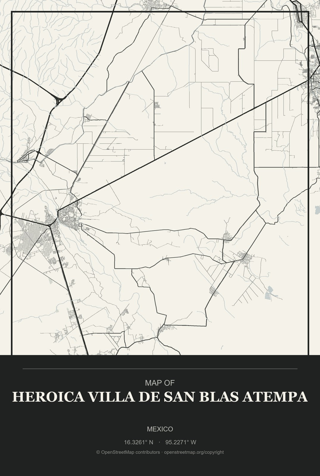 Heroica Villa de San Blas Atempa, Mexico City Map Aluminum Sign in Museum Plaque style