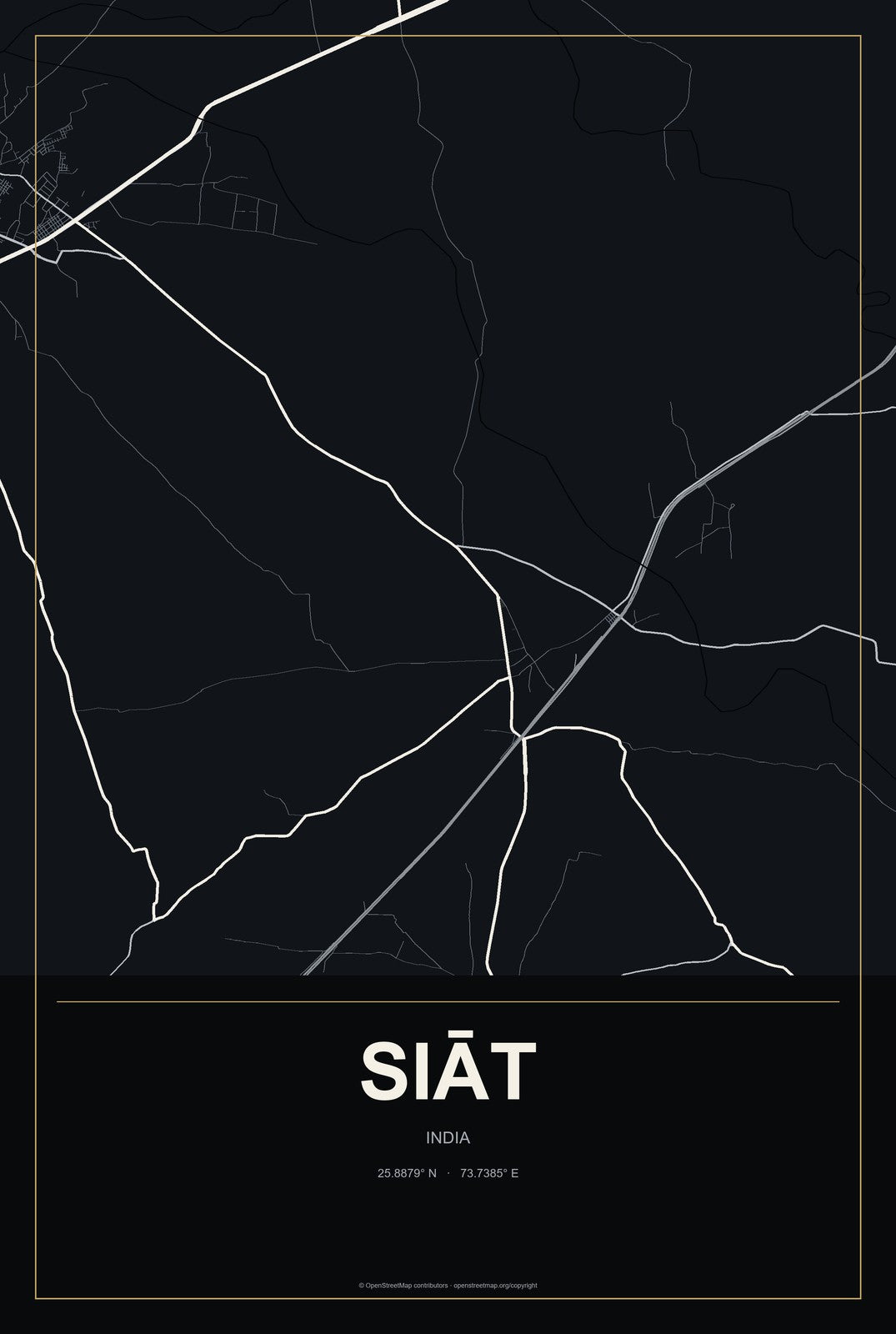 Siāt, India City Map Aluminum Sign in Metropolitan Noir style