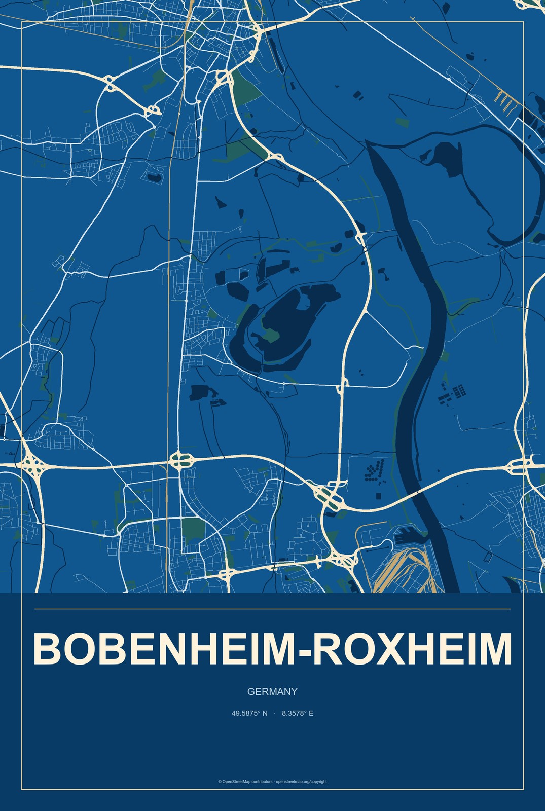 Bobenheim-Roxheim, Germany City Map Aluminum Sign in Harbor Cobalt style
