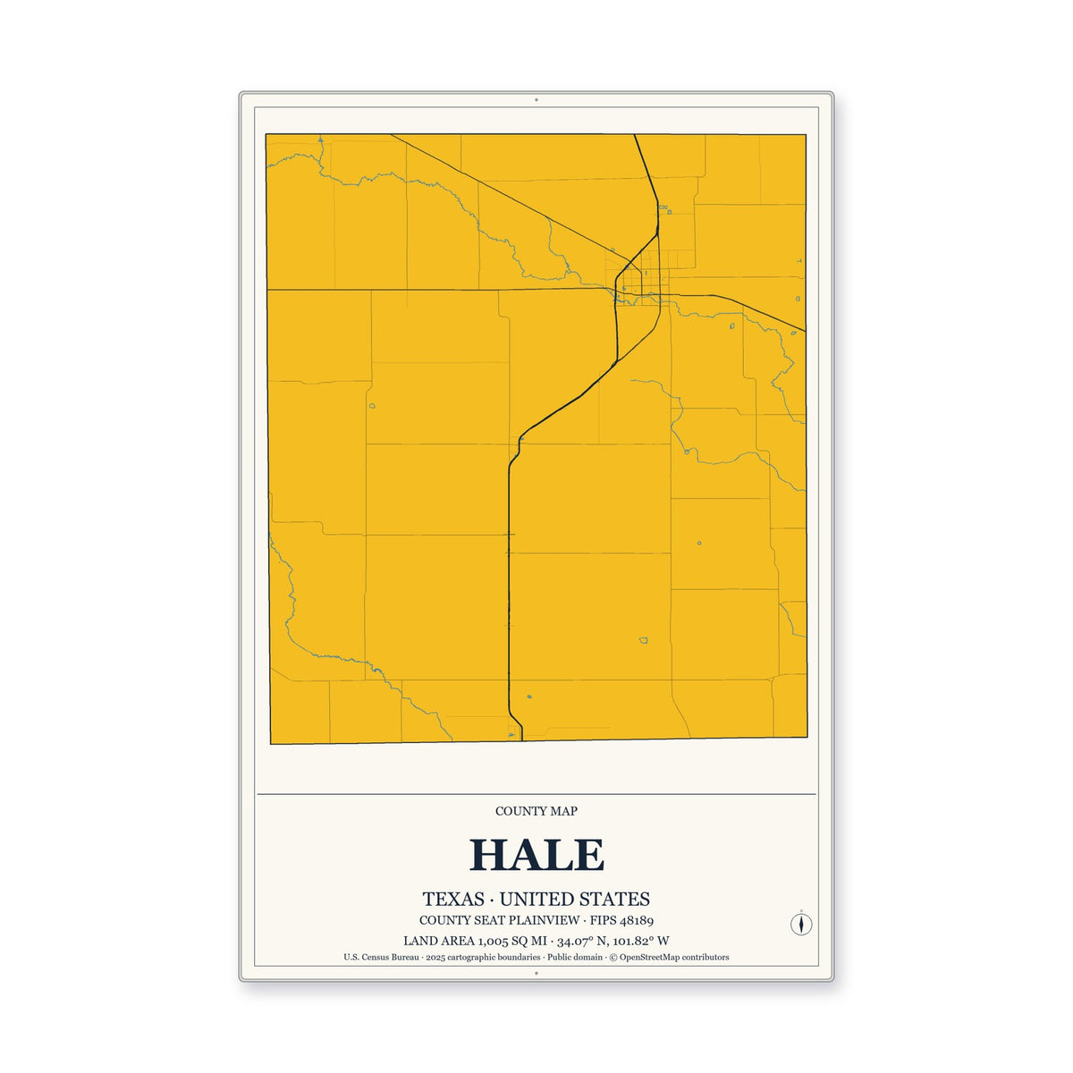 Hale County, Texas Map Aluminum Sign in Citrine Modern style