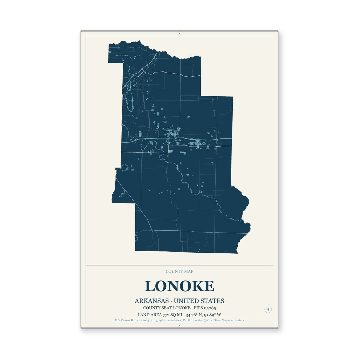 Lonoke County, Arkansas Map Aluminum Sign in Coastal Cutout style