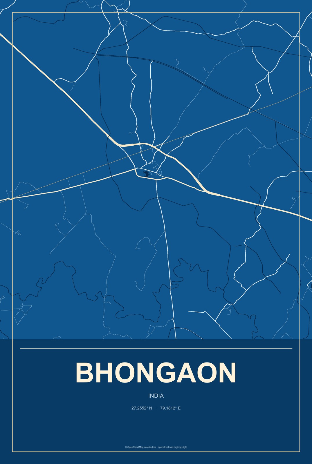 Bhongaon, India City Map Aluminum Sign in Harbor Cobalt style