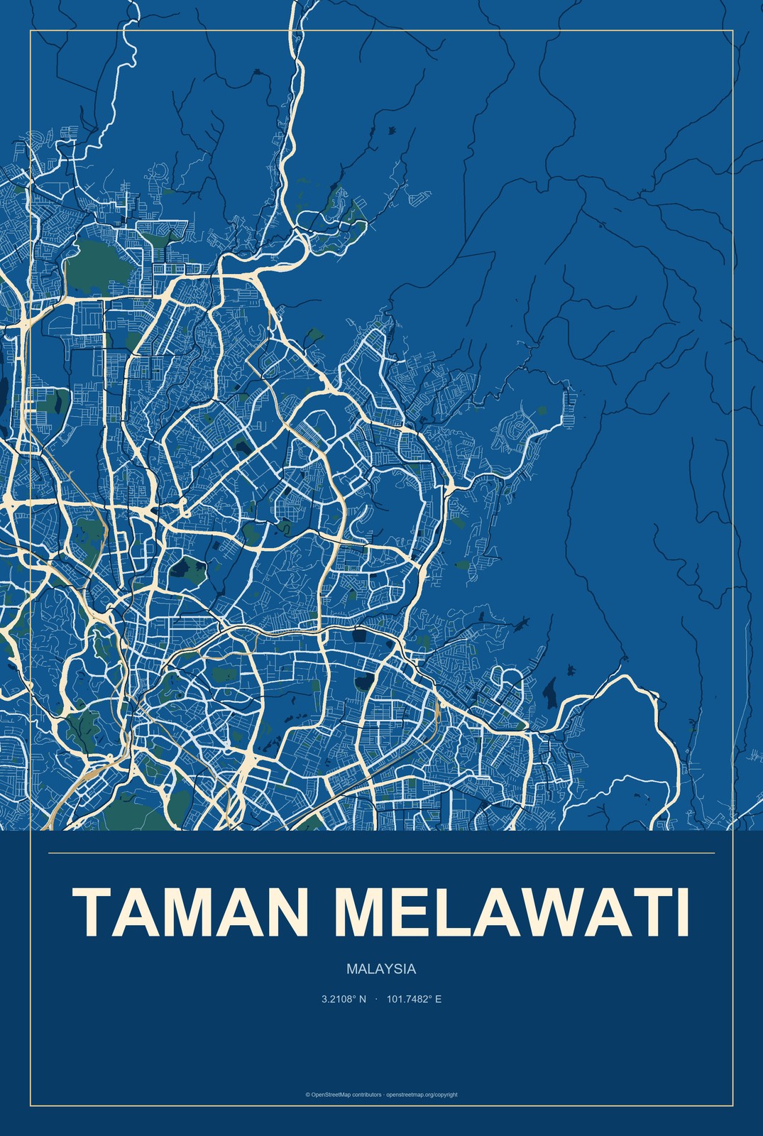 Taman Melawati, Malaysia City Map Aluminum Sign in Harbor Cobalt style
