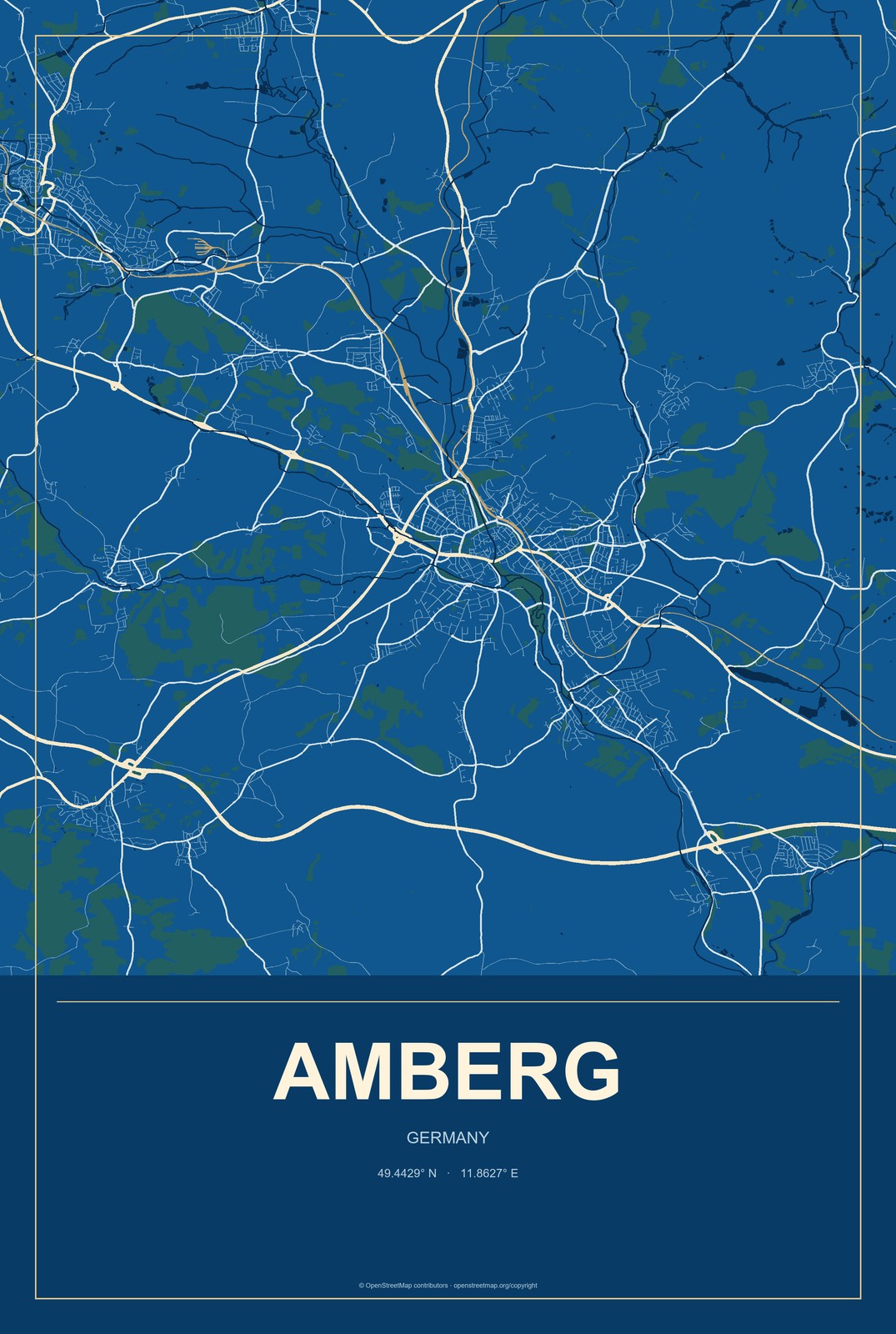 Amberg, Germany City Map Aluminum Sign in Harbor Cobalt style