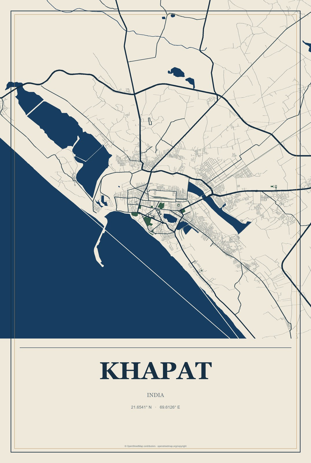 Khapat, India City Map Aluminum Sign in Coastal Cutout style