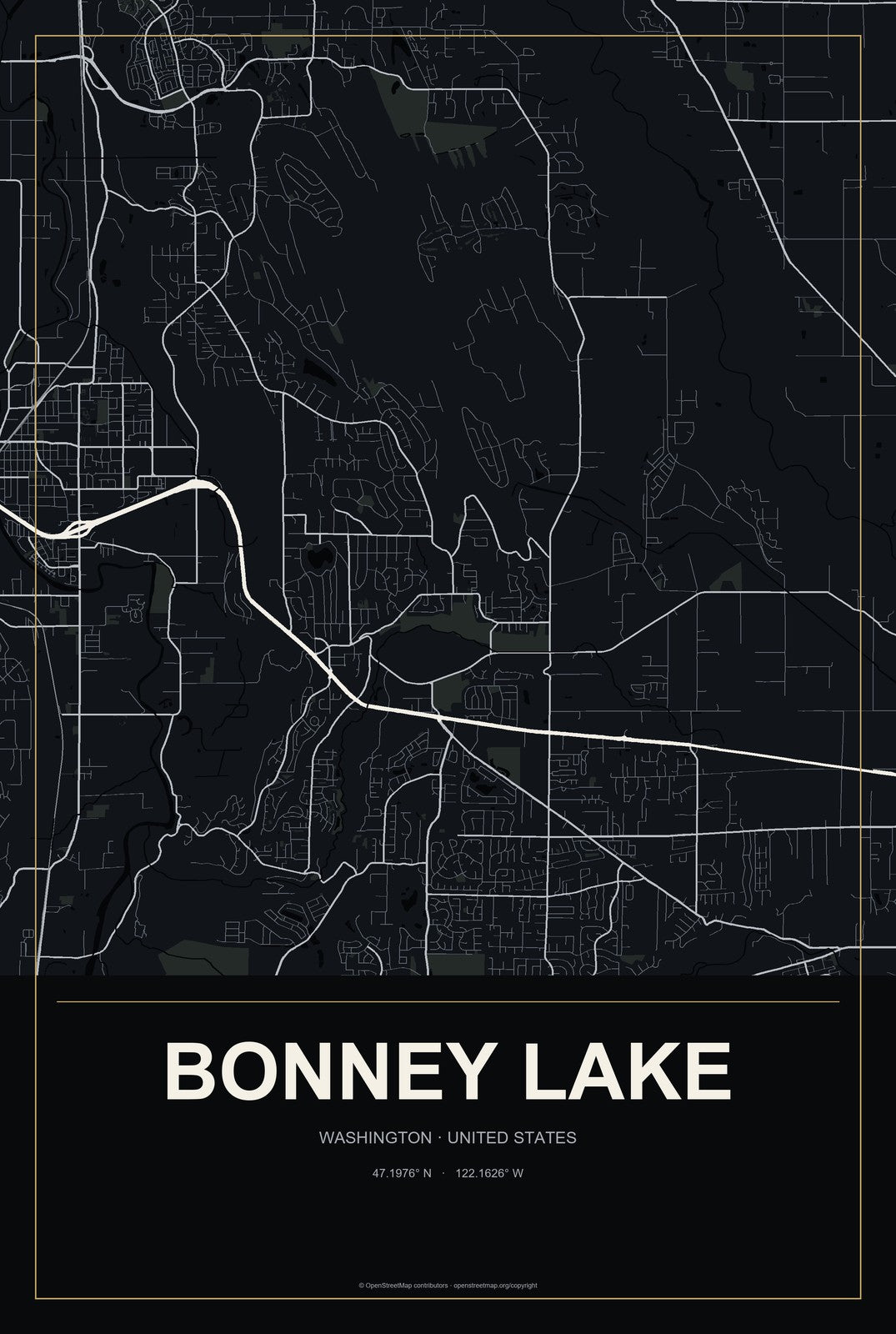 Bonney Lake, Washington City Map Aluminum Sign in Metropolitan Noir style