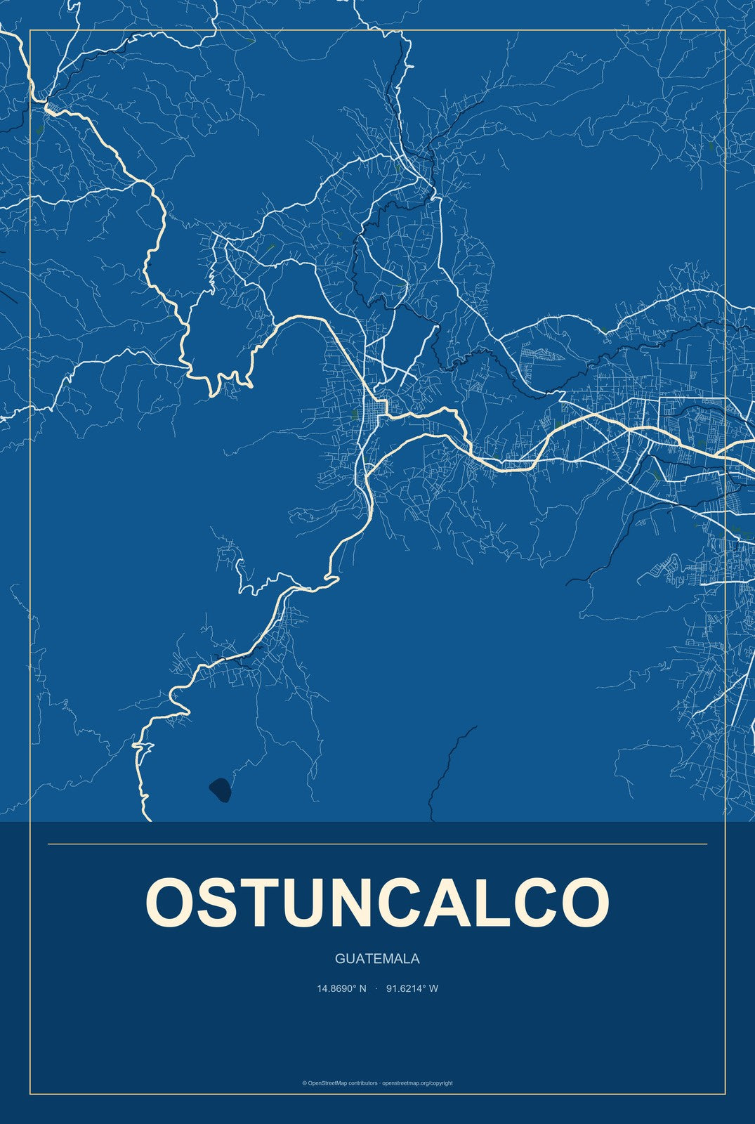 Ostuncalco, Guatemala City Map Aluminum Sign in Harbor Cobalt style