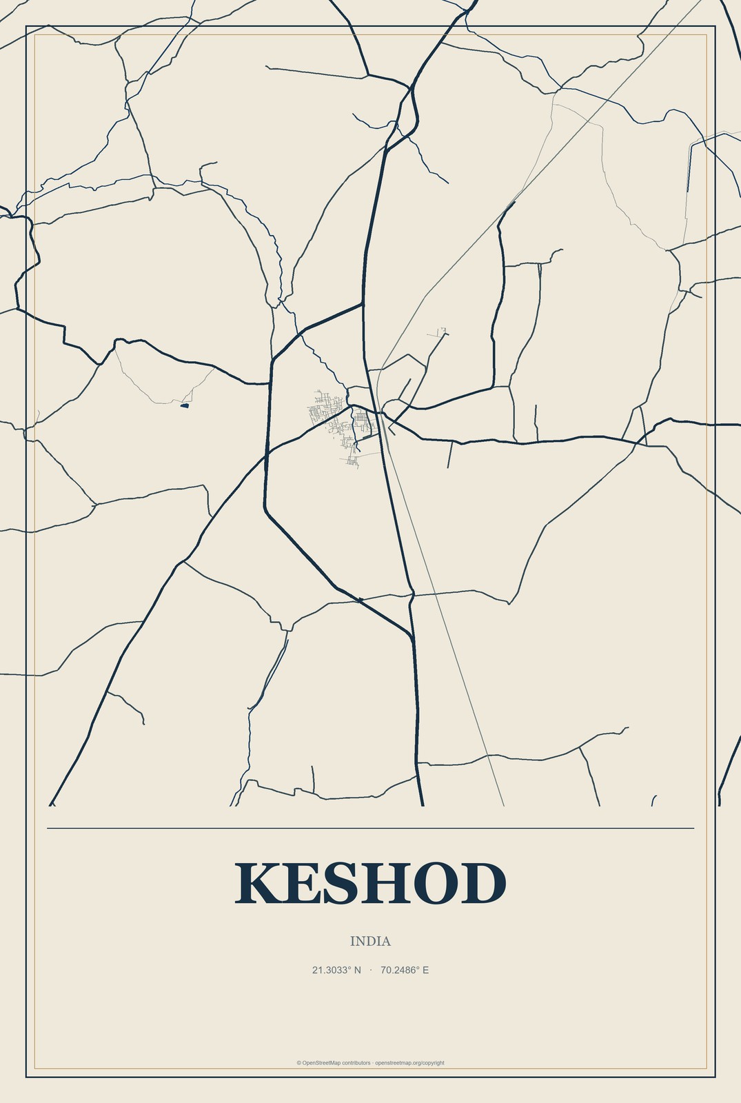 Keshod, India City Map Aluminum Sign in Coastal Cutout style