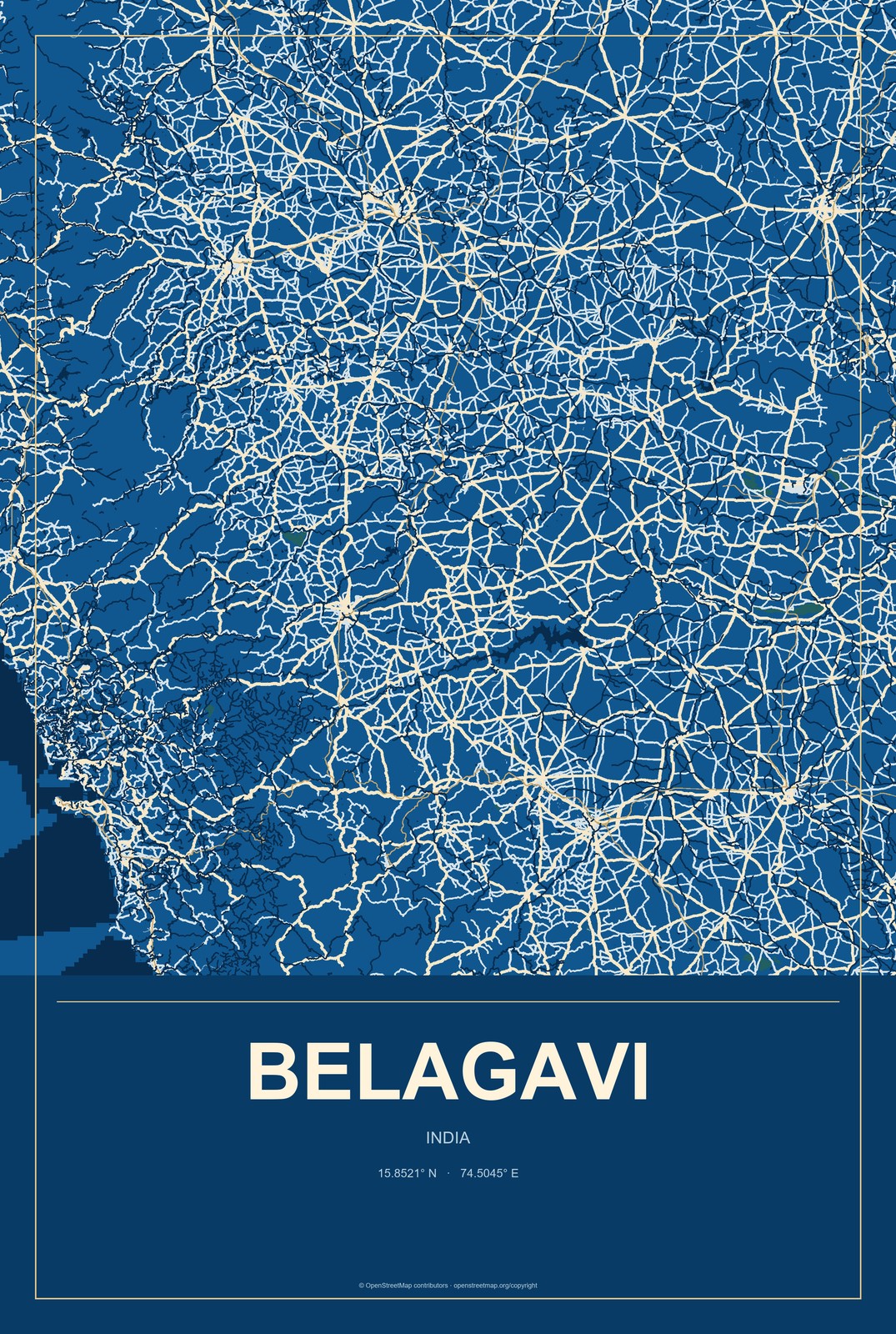 Belagavi, India City Map Aluminum Sign in Harbor Cobalt style