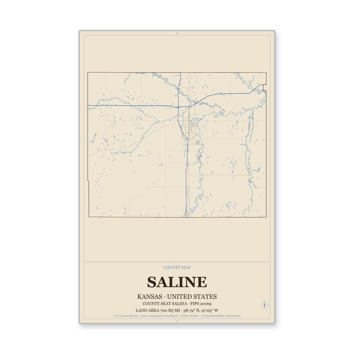 Saline County, Kansas Map Aluminum Sign in Heritage Nautical style
