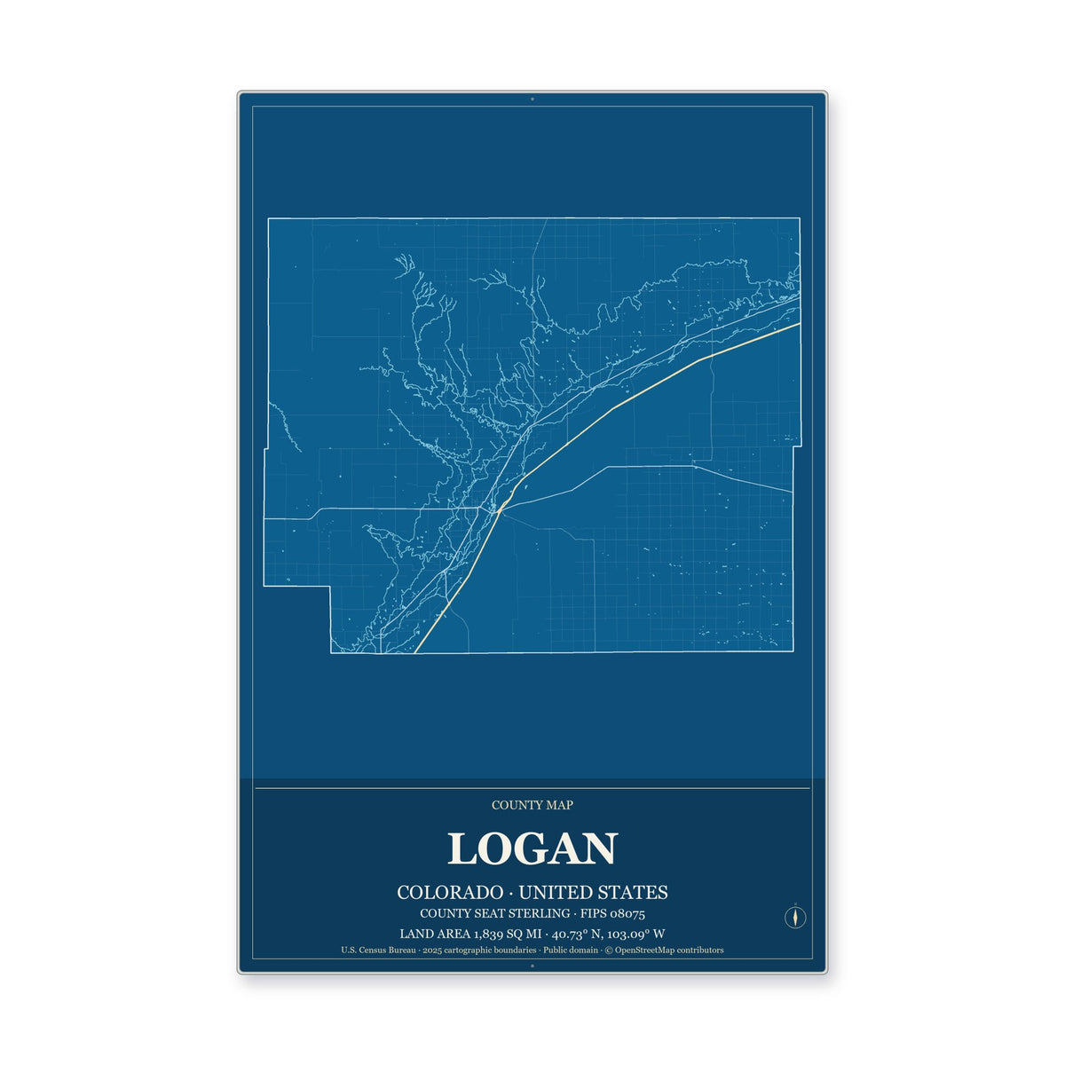 Logan County, Colorado Map Aluminum Sign in Harbor Cobalt style