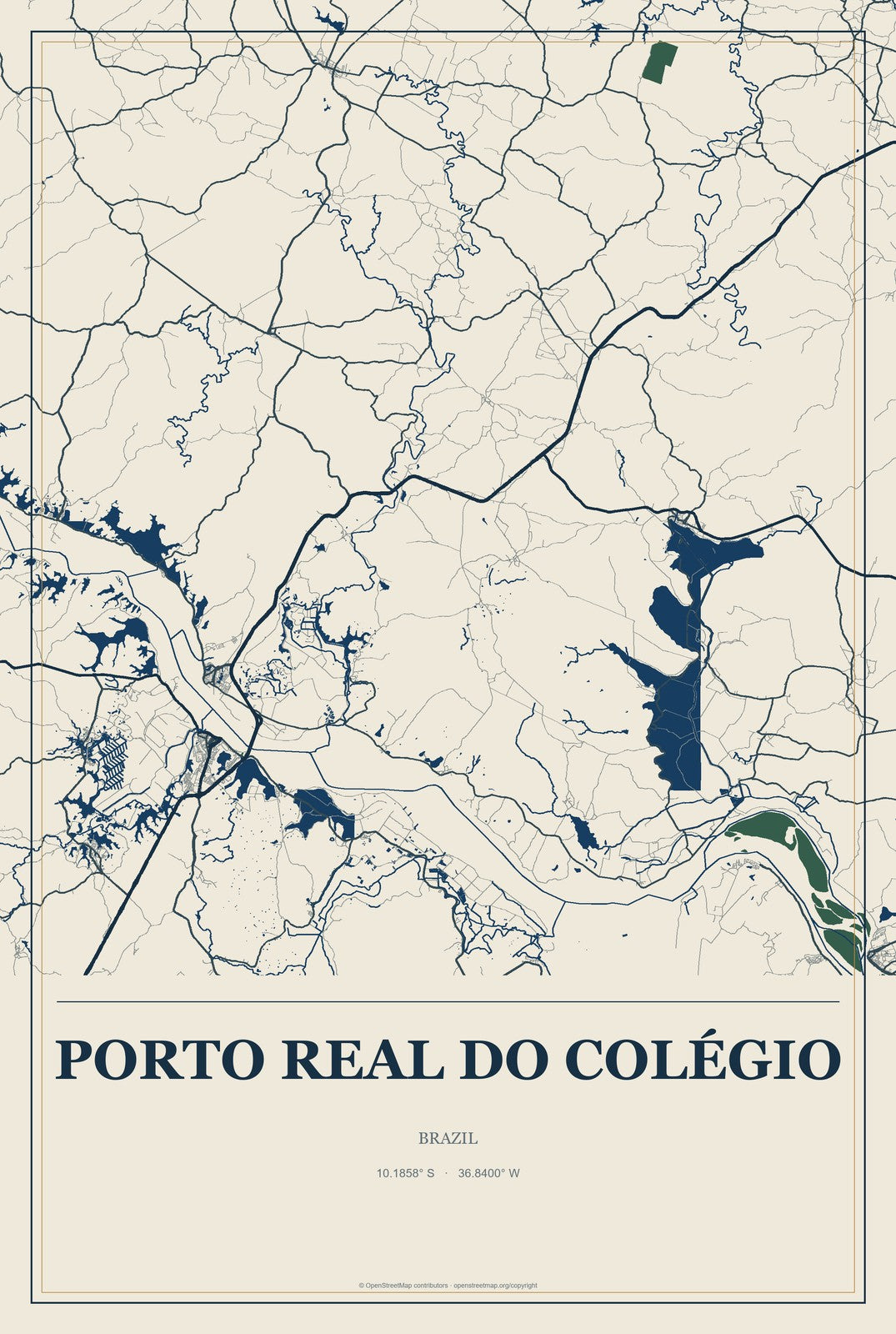 Porto Real do Colégio, Brazil City Map Aluminum Sign in Coastal Cutout style