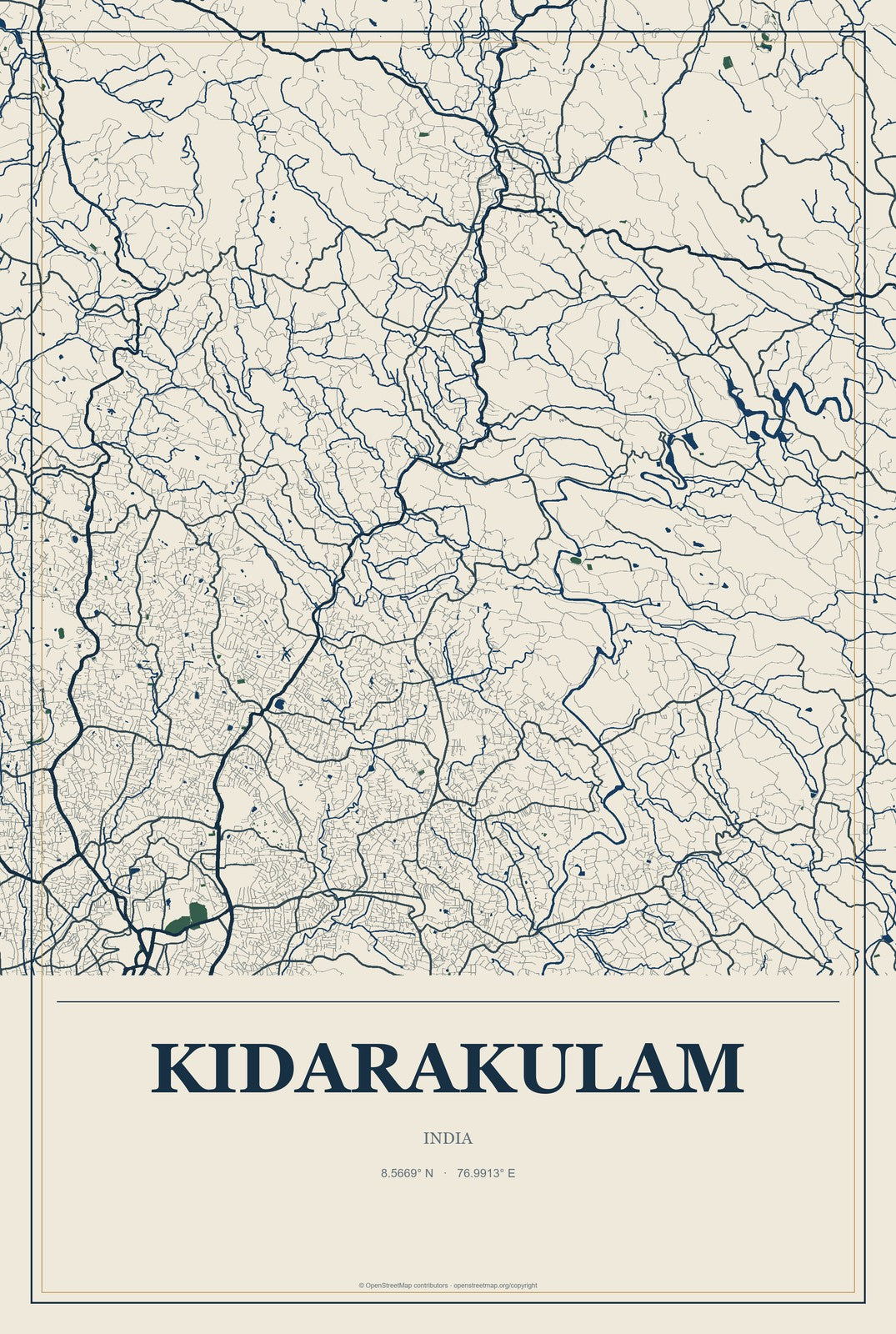 Kidarakulam, India City Map Aluminum Sign in Coastal Cutout style