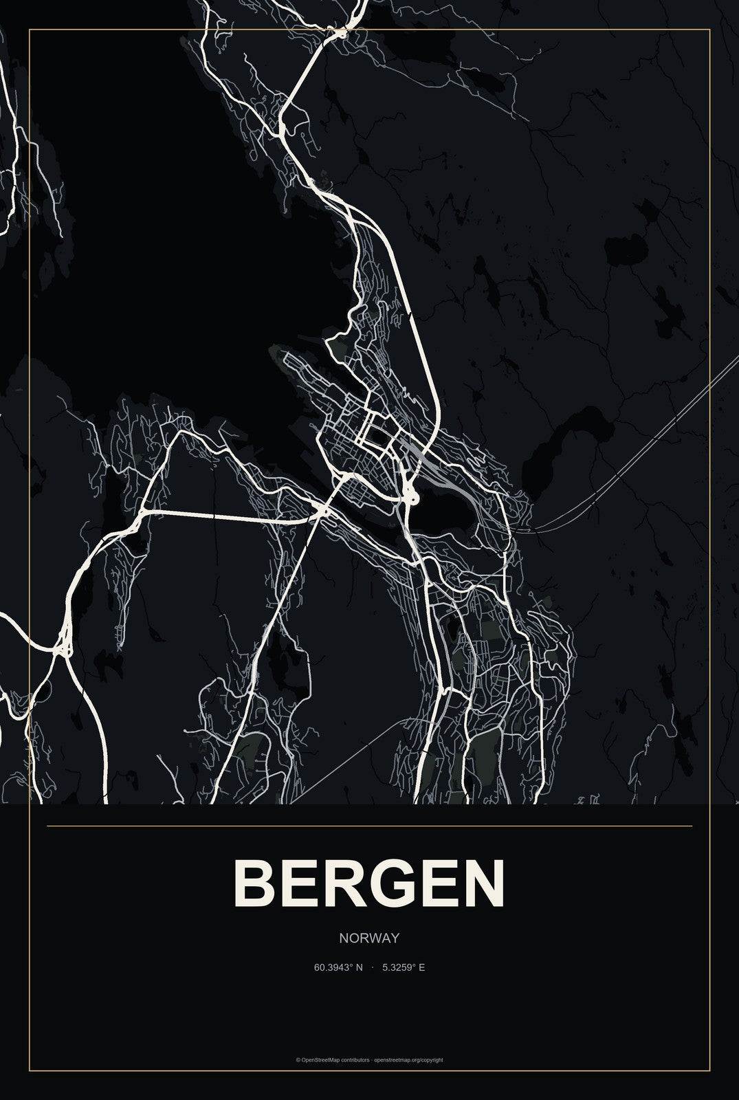 Bergen, Norway City Map Aluminum Sign in Metropolitan Noir style