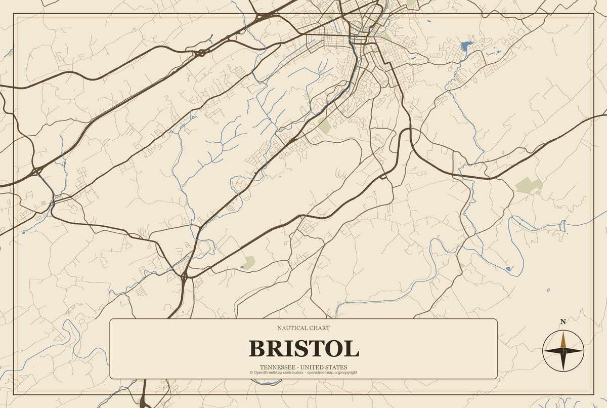 Bristol, Tennessee City Map Aluminum Sign in Heritage Nautical style