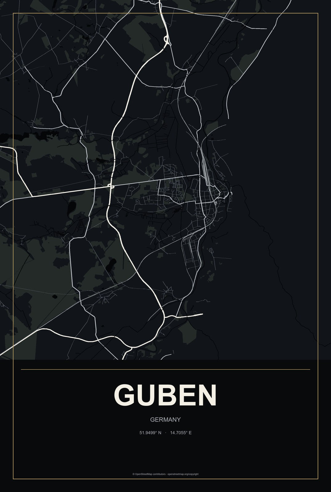 Guben, Germany City Map Aluminum Sign in Metropolitan Noir style