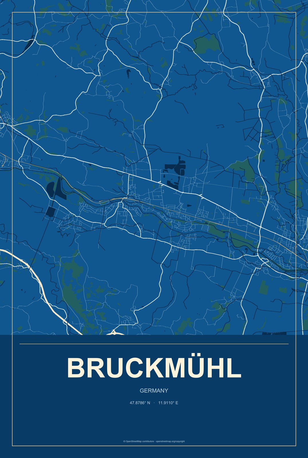 Bruckmühl, Germany City Map Aluminum Sign in Harbor Cobalt style