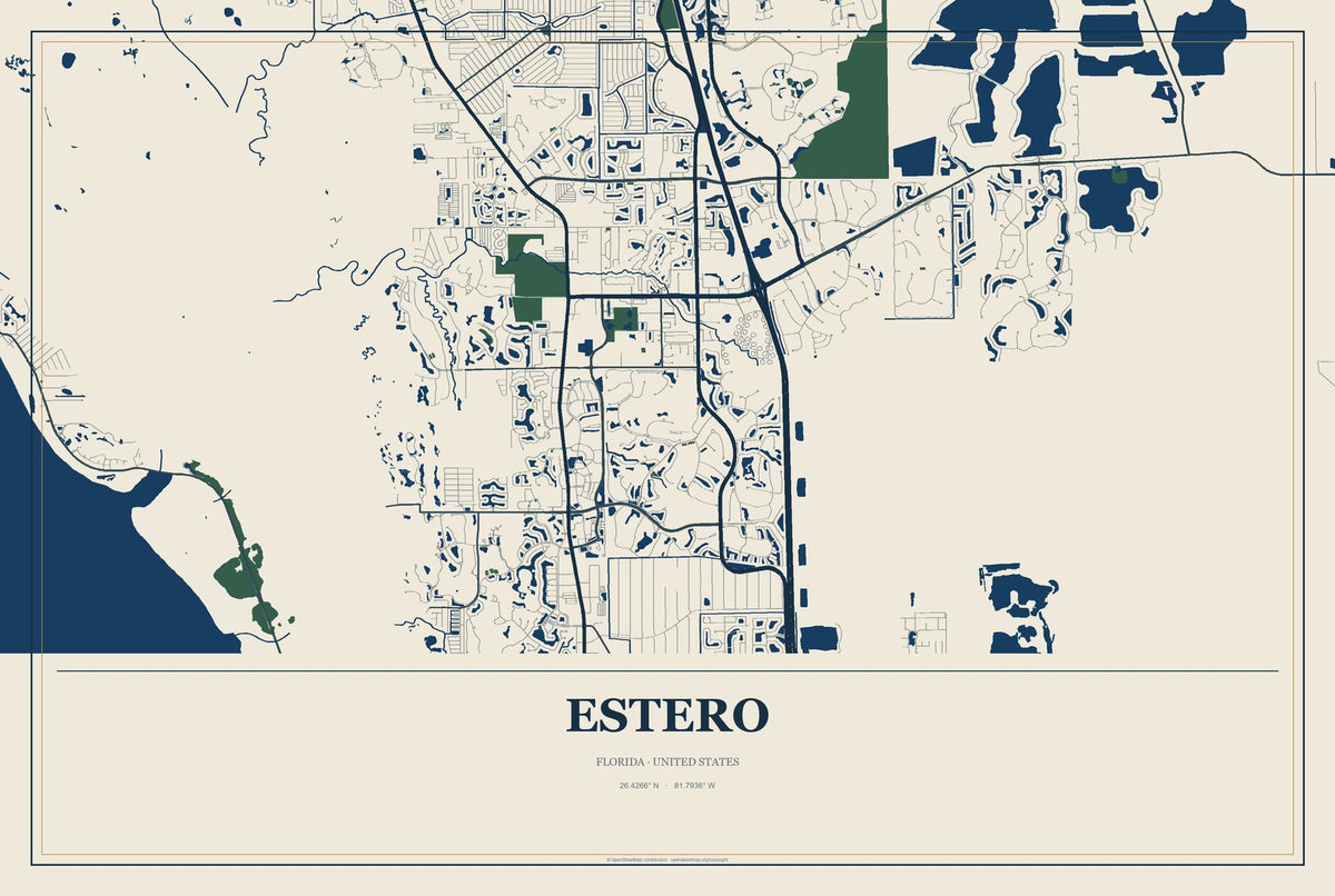 Estero, Florida City Map Aluminum Sign in Coastal Cutout style