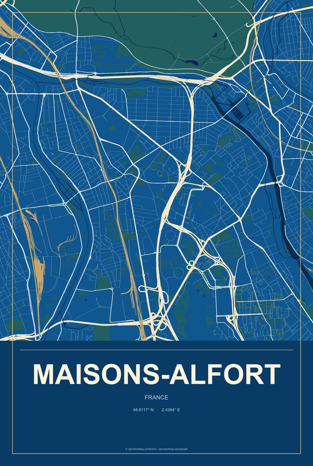 Maisons-Alfort, France City Map Aluminum Sign in Harbor Cobalt style