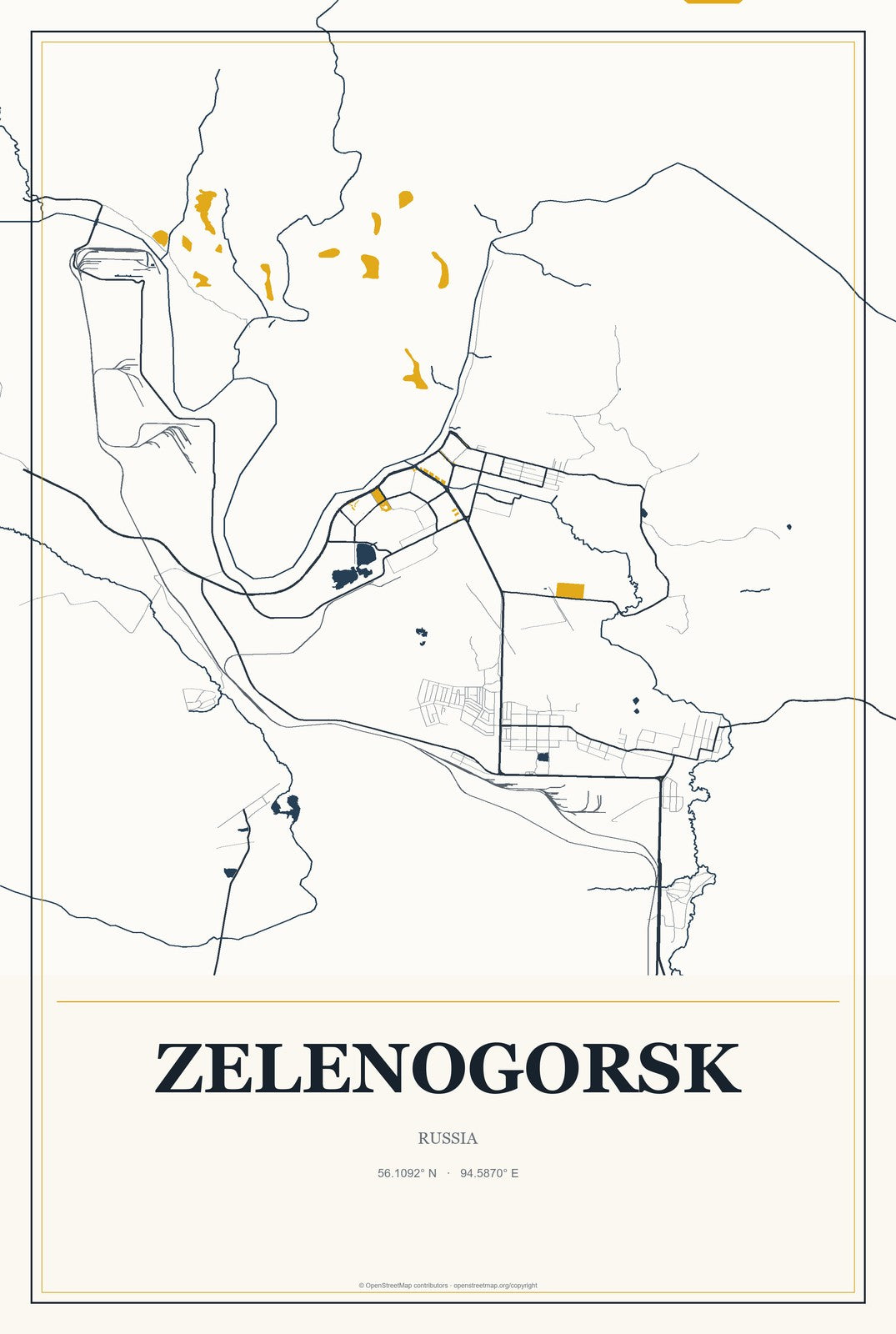 Zelenogorsk, Krasnoyarsk Krai, Russia City Map Aluminum Sign in Citrine Modern style