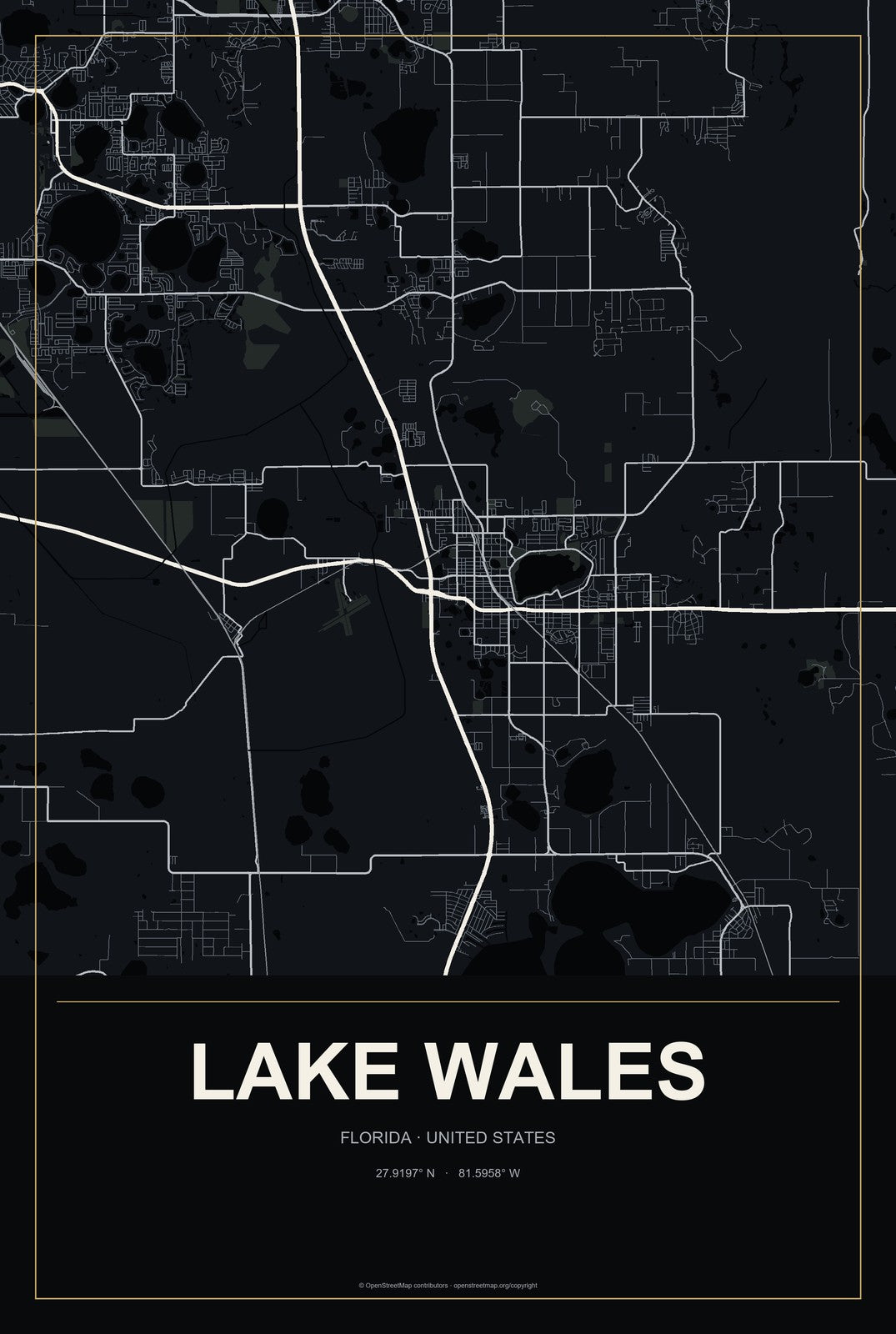 Lake Wales, Florida City Map Aluminum Sign in Metropolitan Noir style