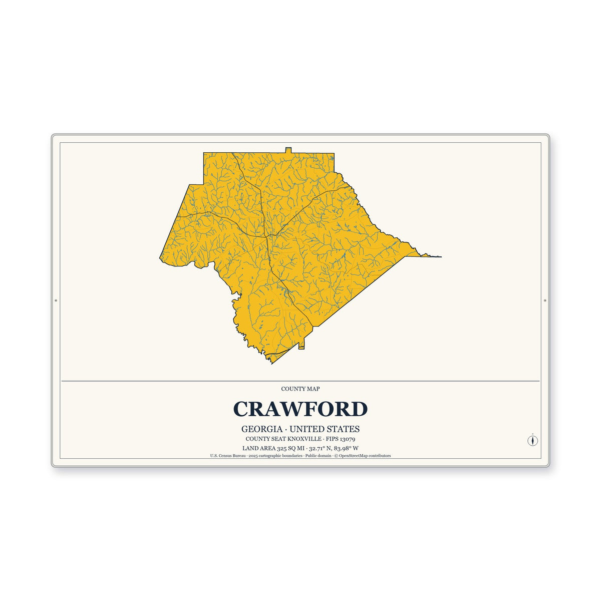 Crawford County, Georgia Map Aluminum Sign in Citrine Modern style