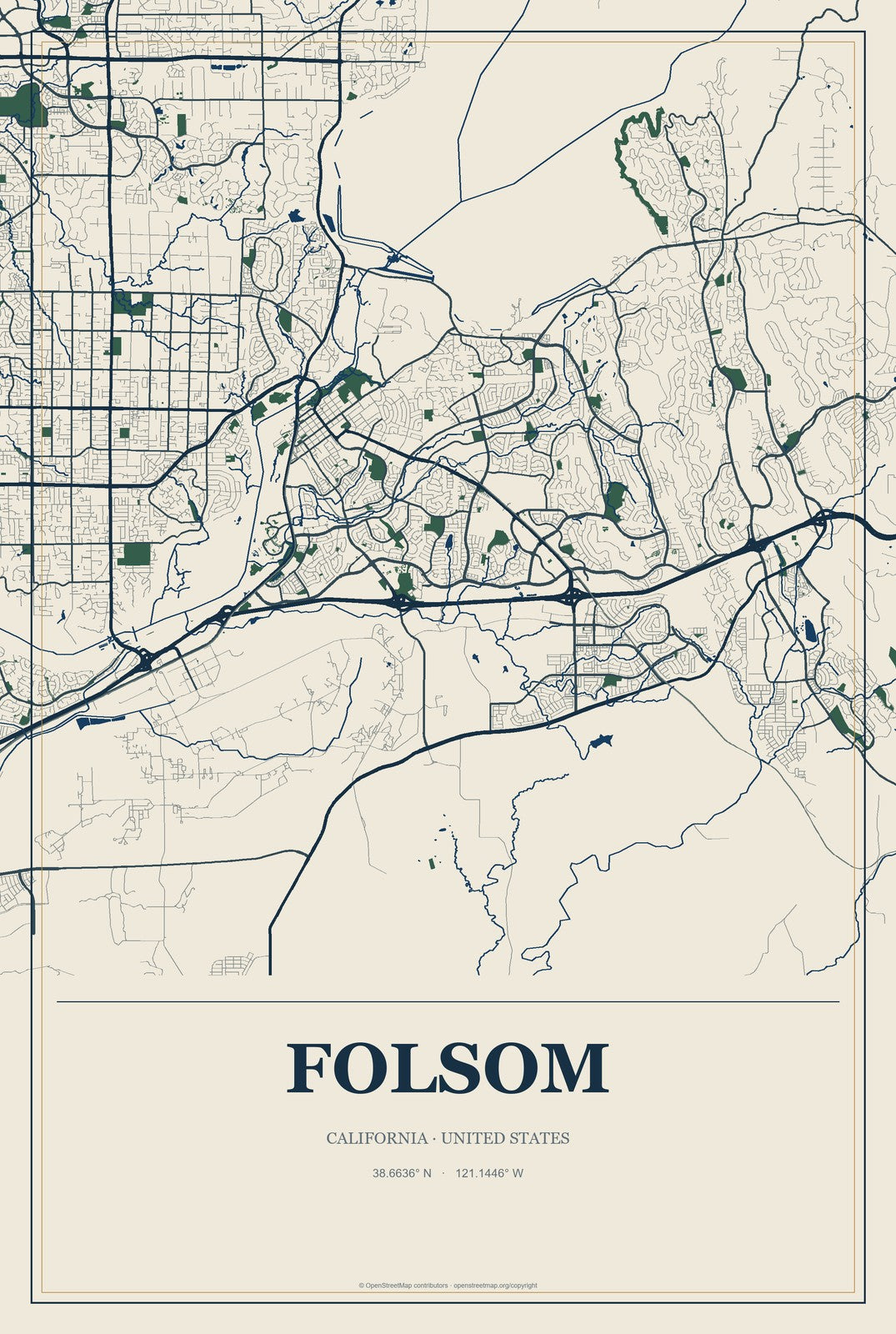 Folsom, California City Map Aluminum Sign in Coastal Cutout style