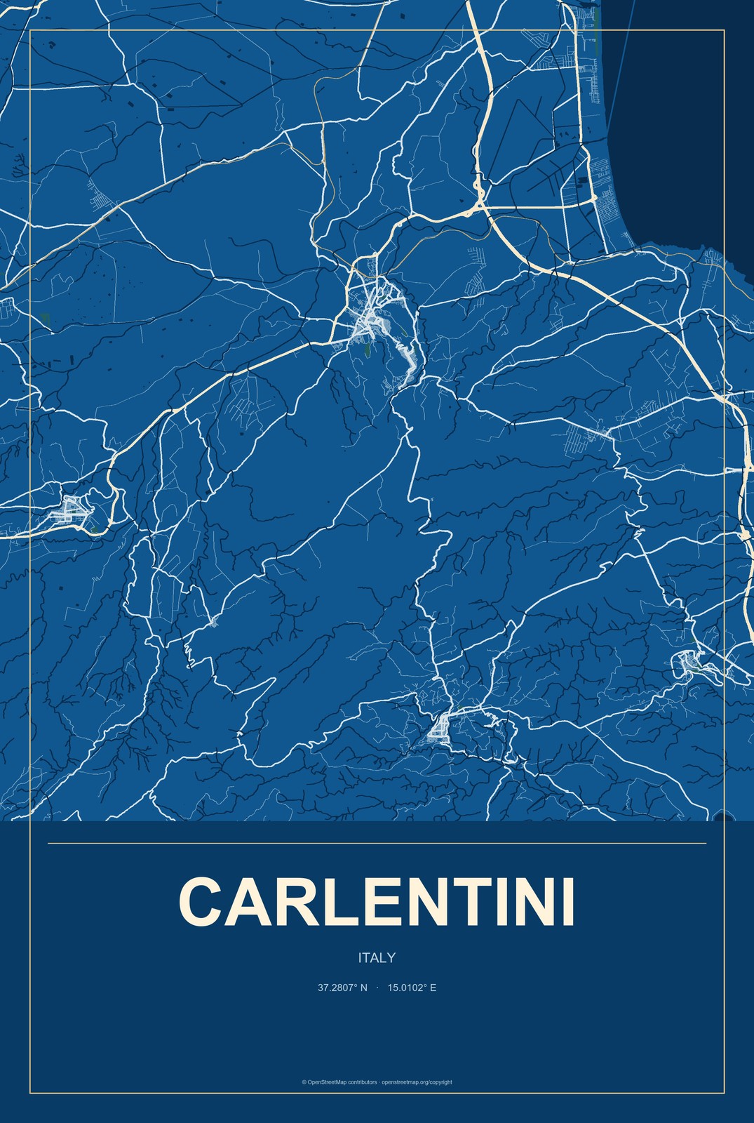 Carlentini, Italy City Map Aluminum Sign in Harbor Cobalt style