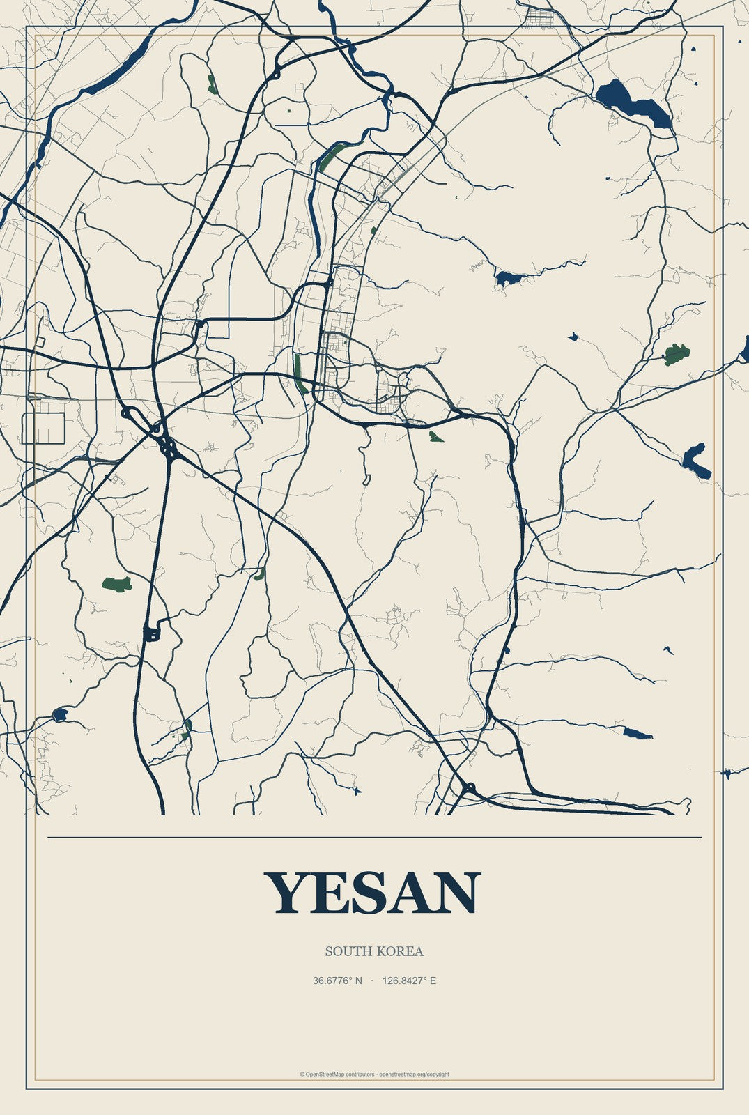 Yesan, South Korea City Map Aluminum Sign in Coastal Cutout style