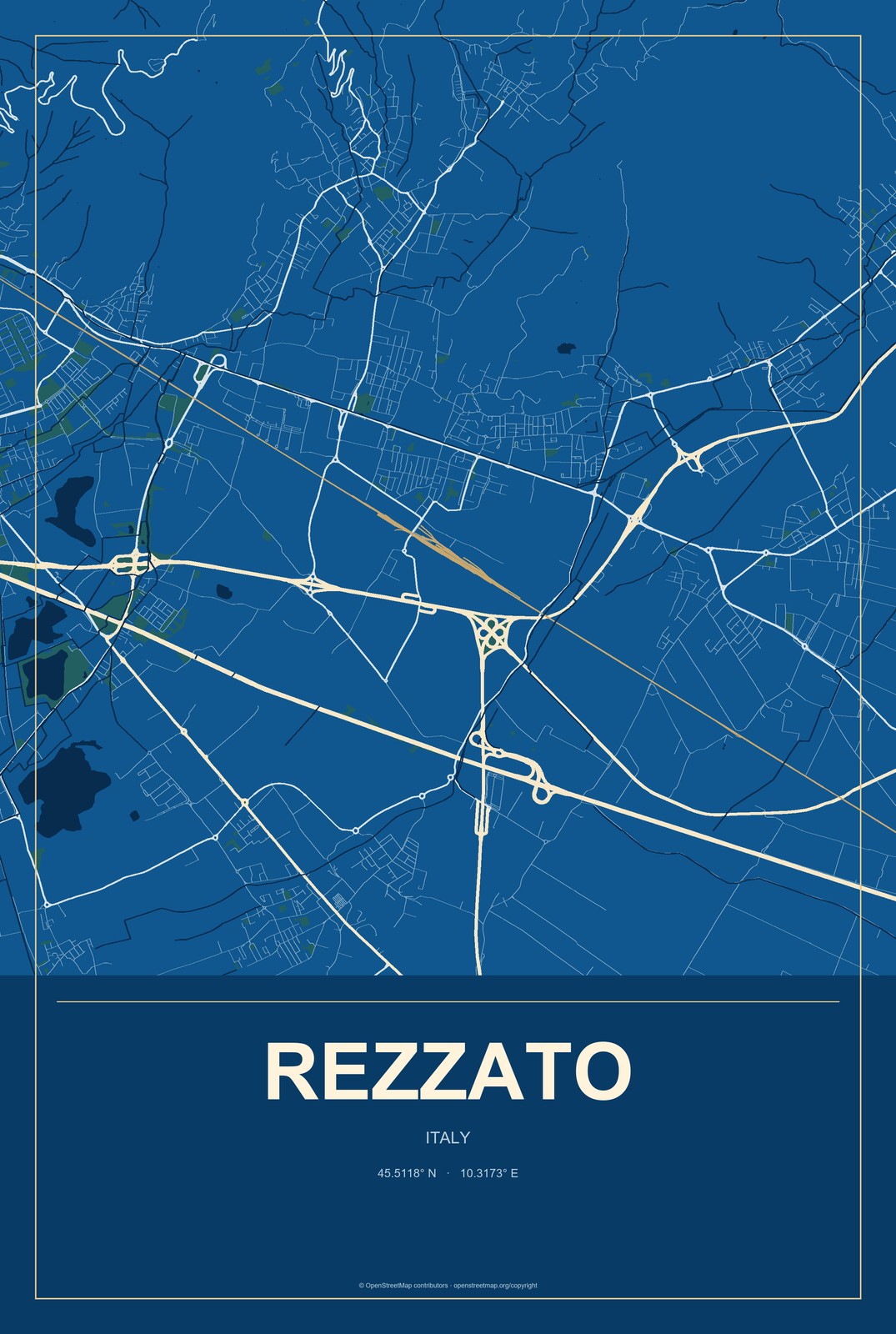 Rezzato, Italy City Map Aluminum Sign in Harbor Cobalt style
