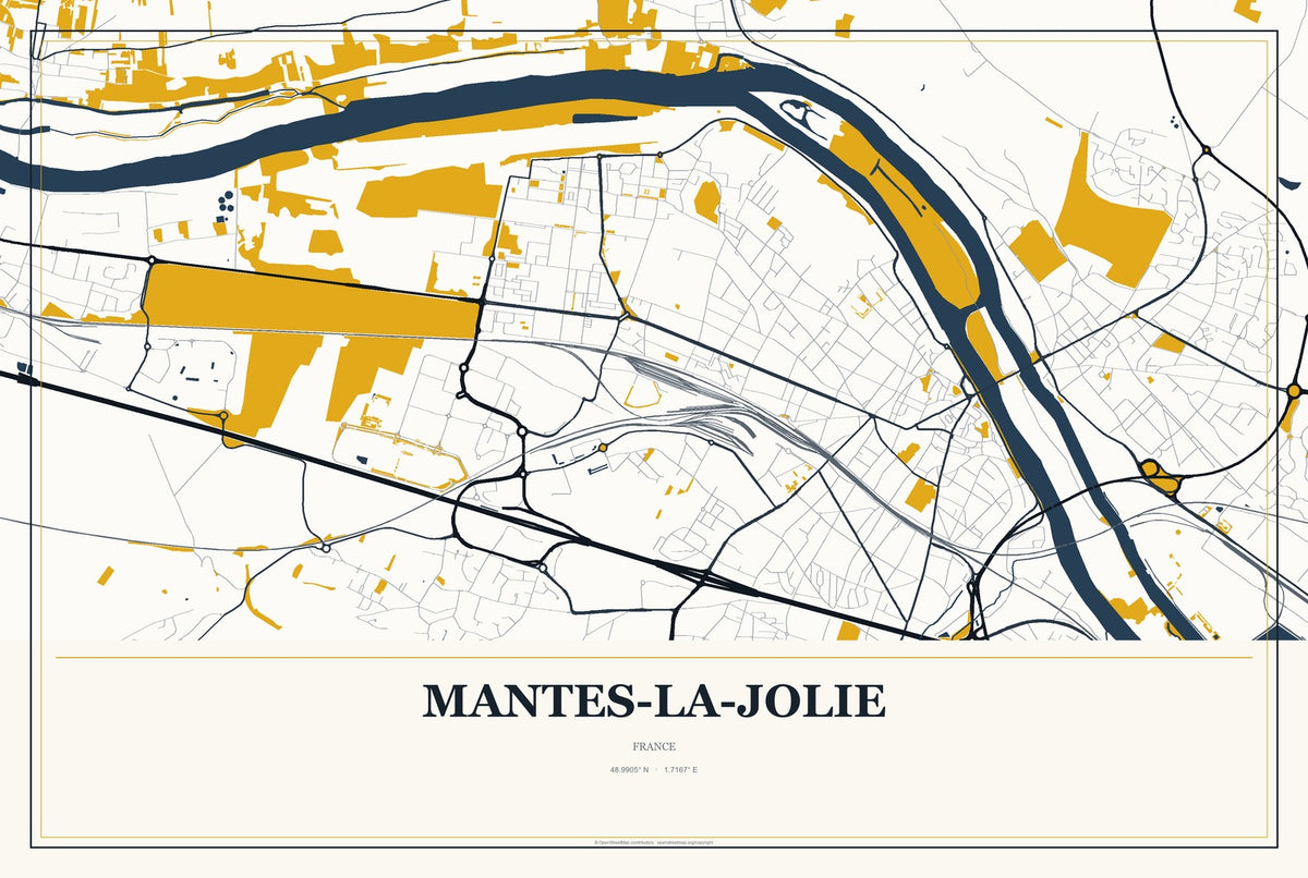 Mantes-la-Jolie, France City Map Aluminum Sign in Citrine Modern style