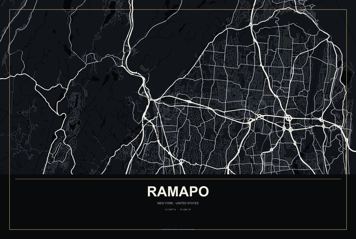 Ramapo, New York City Map Aluminum Sign in Metropolitan Noir style