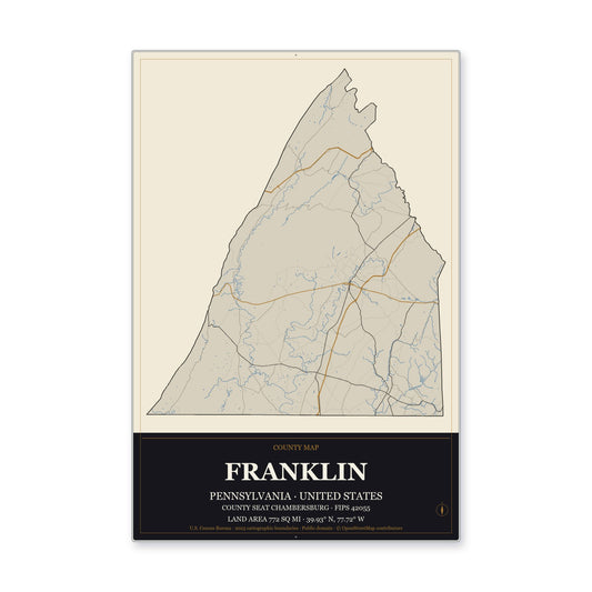 Franklin County, Pennsylvania Map Aluminum Sign in Museum Plaque style