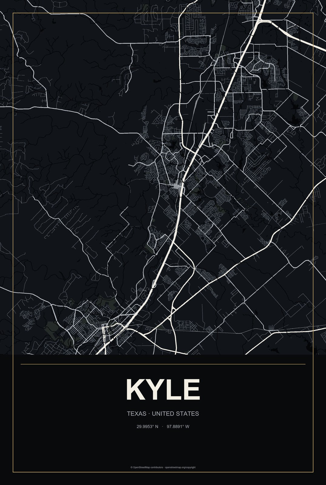 Kyle, Texas City Map Aluminum Sign in Metropolitan Noir style