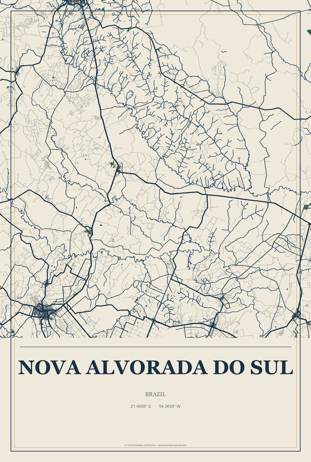 Nova Alvorada do Sul, Brazil City Map Aluminum Sign in Coastal Cutout style