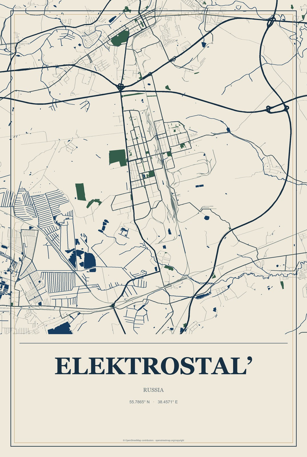 Elektrostal’, Russia City Map Aluminum Sign in Coastal Cutout style