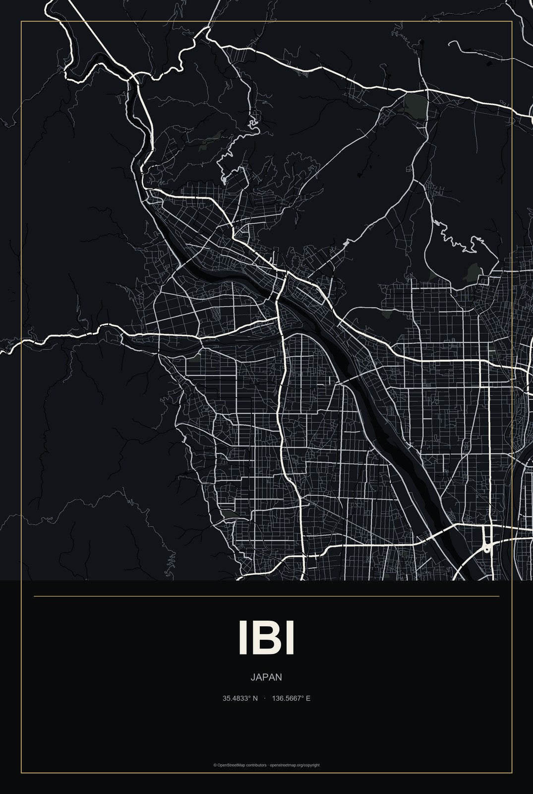 Ibi, Japan City Map Aluminum Sign in Metropolitan Noir style