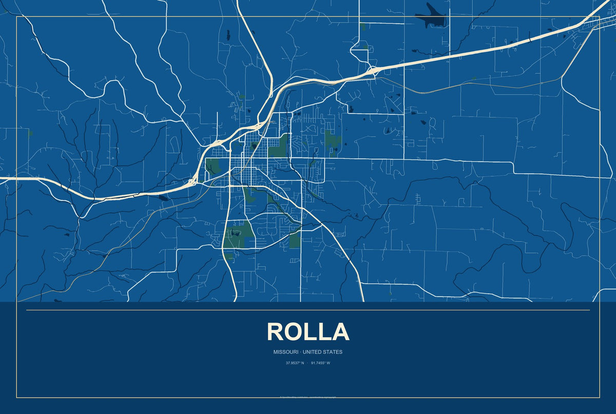 Rolla, Missouri City Map Aluminum Sign in Harbor Cobalt style