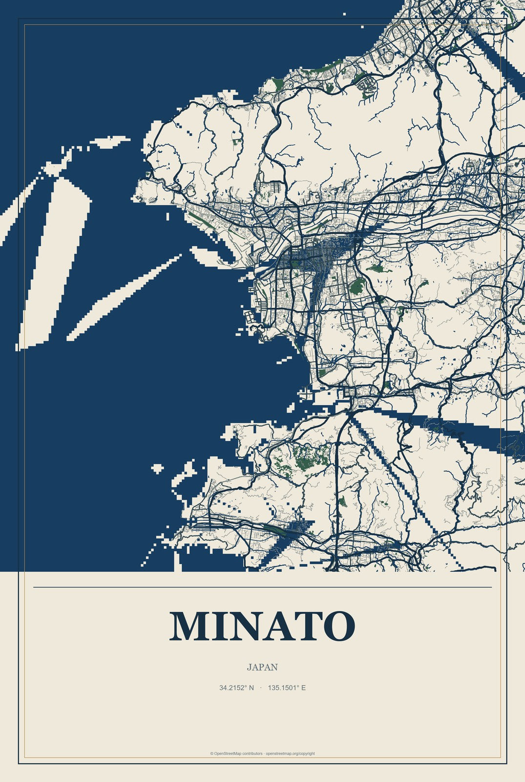 Minato, Japan City Map Aluminum Sign in Coastal Cutout style